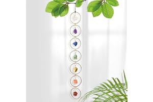 RJINGSHI 7 Chakras Wall Decor Natural Raw Crystal Stone Healing Gemstone Round Gold Hanging for Indoor & Outdoor Windows Chakra Balancing Home Decoration Spiritual Gift for Meditation