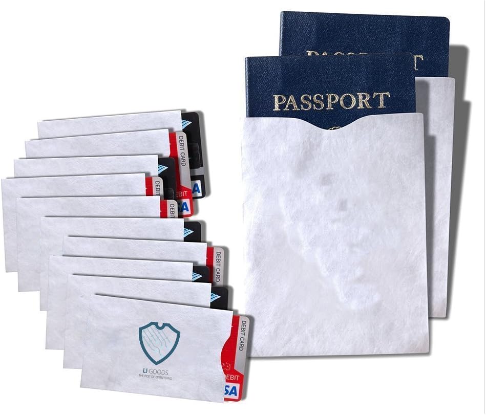 RFID Blocking Sleeves Credit Card Protector and Passport Holder for Credit Card Fraud and Identity Theft Prevention. Each Set Contains 10 Credit Card and 2 Passport Holders. Comes with Lifetime Replacement Guarantee