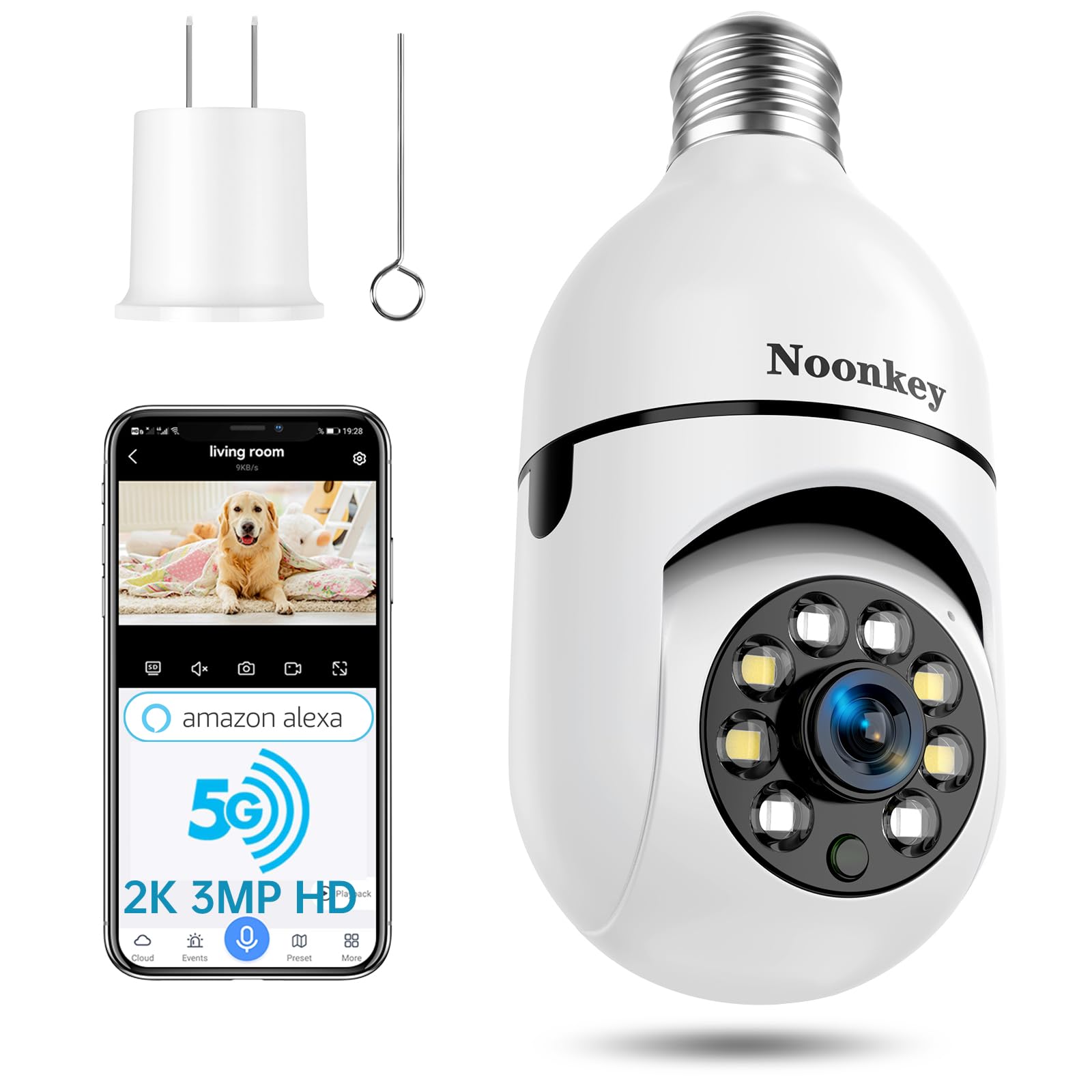 Photo 1 of Noonkey 2K/3MP Light Bulb Security Camera, 5G& 2.4GHz WiFi Alexa E27 360° Light Socket Camera for Outdoor, Wireless WiFi Home IP Camera with Motion Tracking Alarm, Color Night Vision,Two-Way Talk
