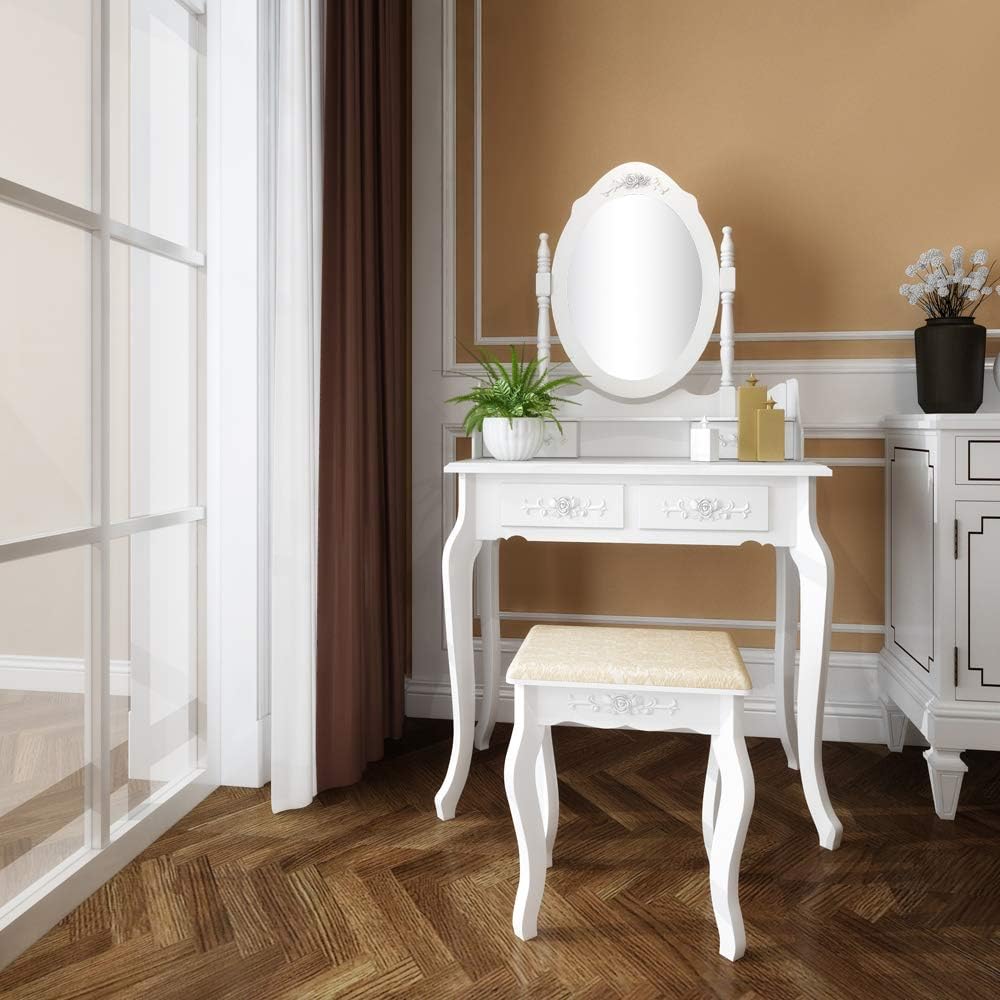 NANA SUN Vanity Set,Makeup Table with 360 Degree Rotation Removable Oval Mirror & Stool,Dressing Table with 4 Drawer for Bedroom White