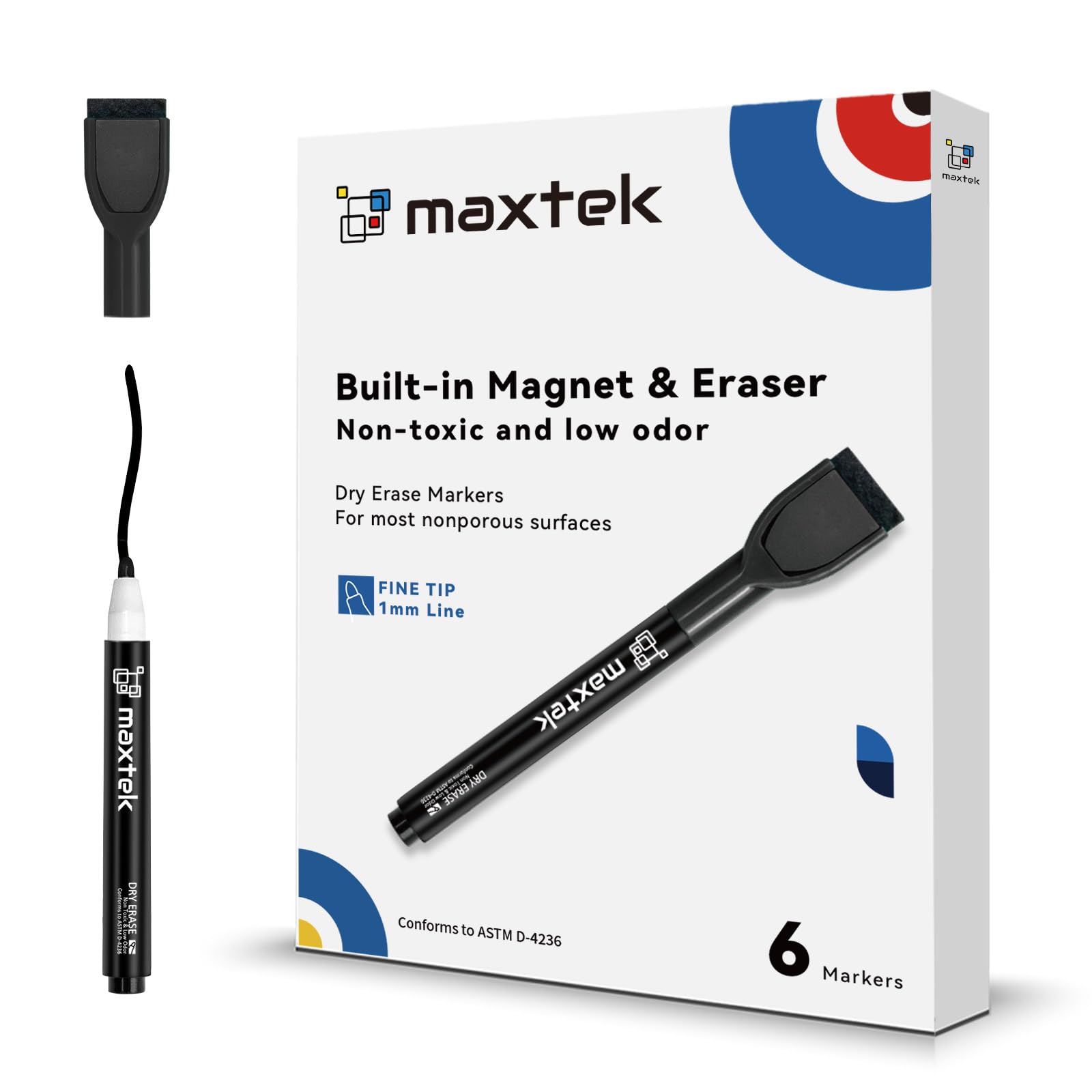 Photo 1 of maxtek Magnetic Black Dry Erase Markers, 6 Count Fine Tip Whiteboard Markers with Eraser, Thin Markers Low Odor for Classroom, Office, Home