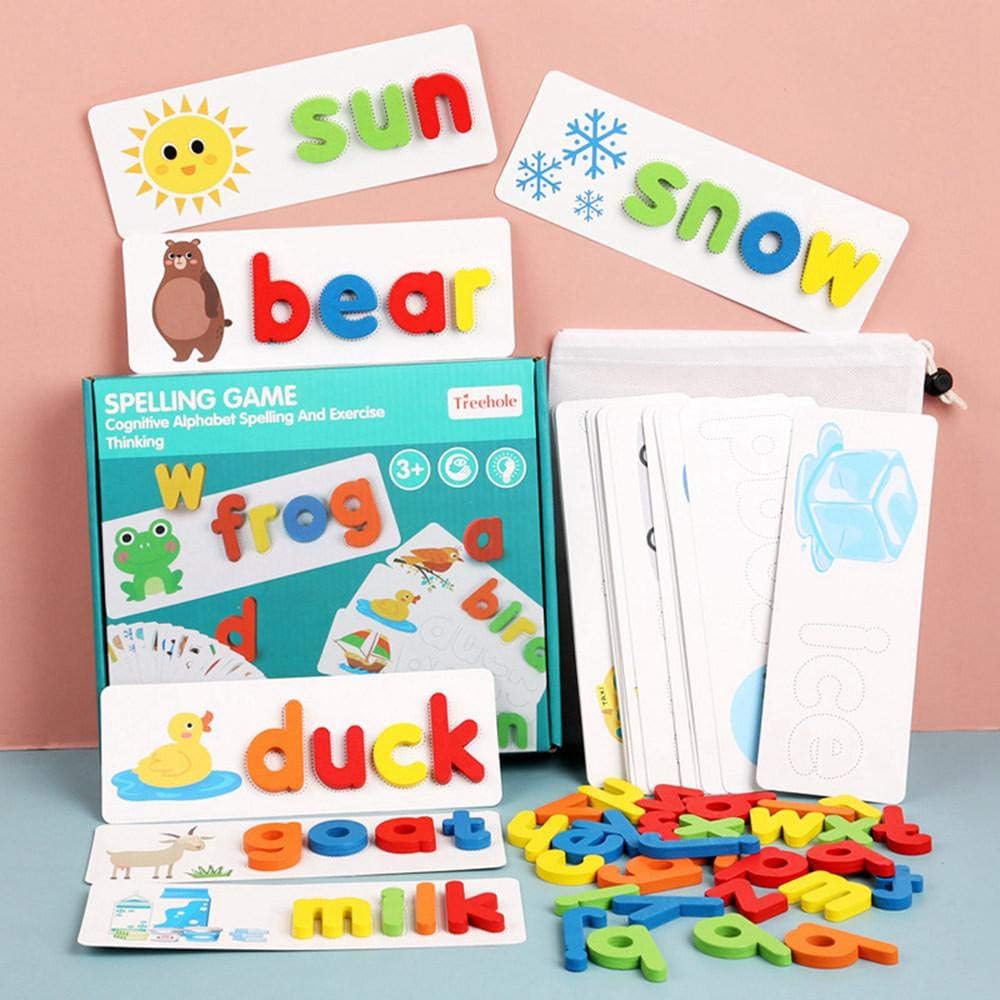 LayOPO Alphabet Flash Cards Set, Wooden Letters Jigsaw Alphabets Matching Puzzles Flashcards Preschool Educational Montessori Toys Gift for Toddlers Kids - Develops Vocabulary & Spelling Skills