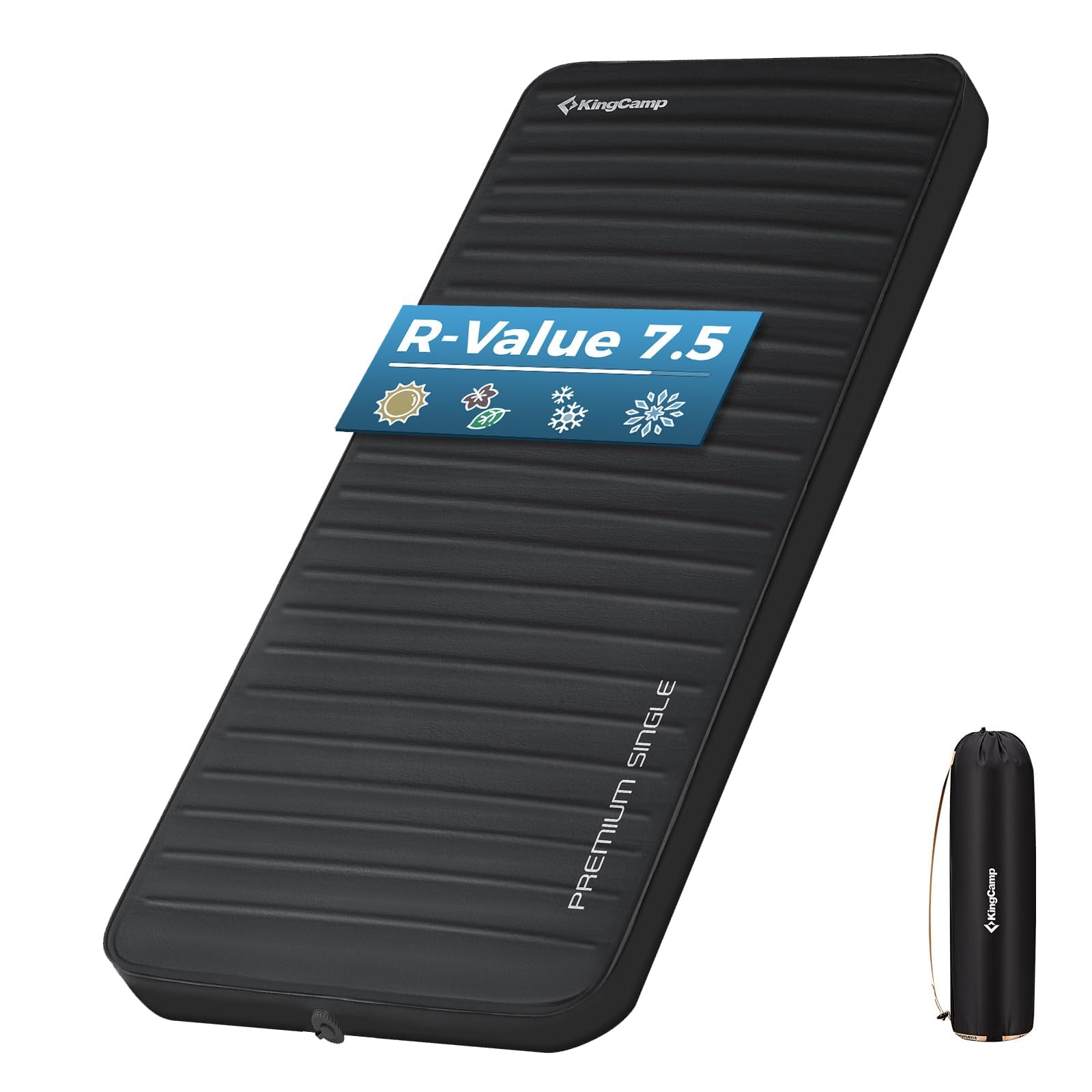 KingCamp Self Inflating Camping Mattress Single (R-Value 7.5) – 7.5cm Thick Luxury Sleeping Mat, Quiet & Warm, PVC-Free, Ideal for Car Camping & Guest Bed