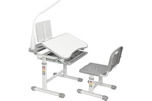 Gowxil Kids Study Desk and Chair Set, Multi Functional Height Adjustable Children School Study Desk with Tilt Desktop, Bookstand, LED Light, Metal Hook and Storage Drawer for Boys Girls, Grey