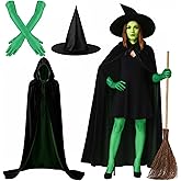 Jeere 3 Pcs Halloween Green Witch Costume Accessories Set Include Hat Thick Double Sided Cloak Cape Gloves Kit Wick Party Costume for Women Lady