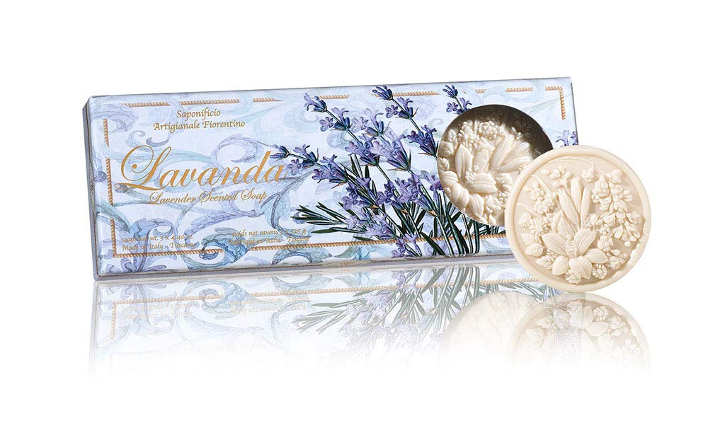 Lavanda, gift box of Italian lavender soap, round soaps sculpted with flowers, 3 x 4.40 oz. by Saponificio Artigianale Fiorentino — image 1