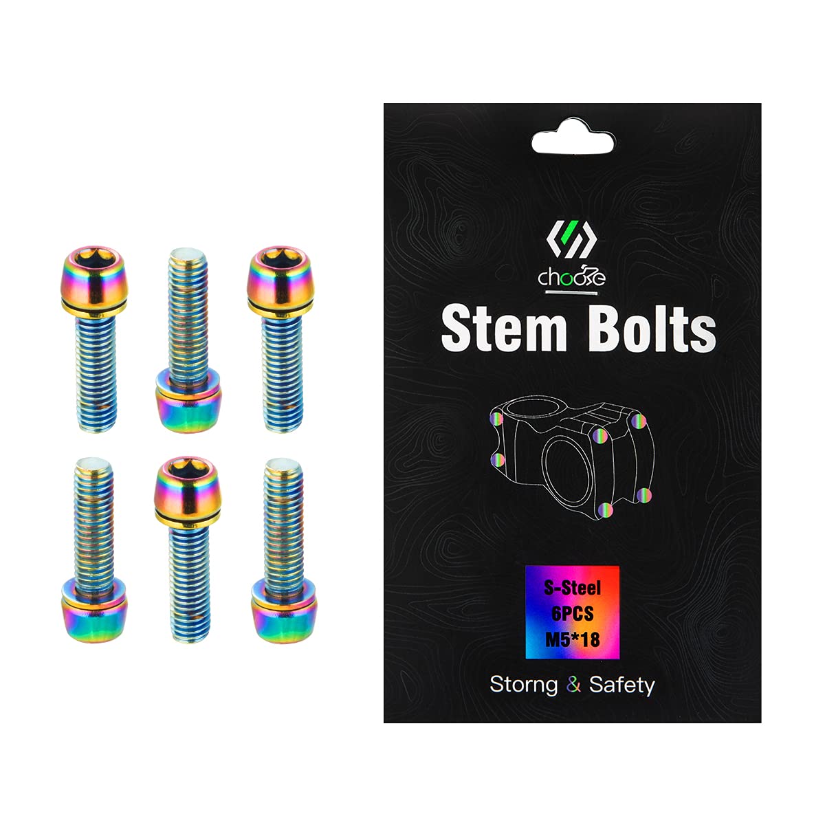 Chooee Bike Stem Bolts 6PCS, M5 x 18mm Stem Bolts Screw For MTB/Mountain Bike/Road Bicycle Rainbow