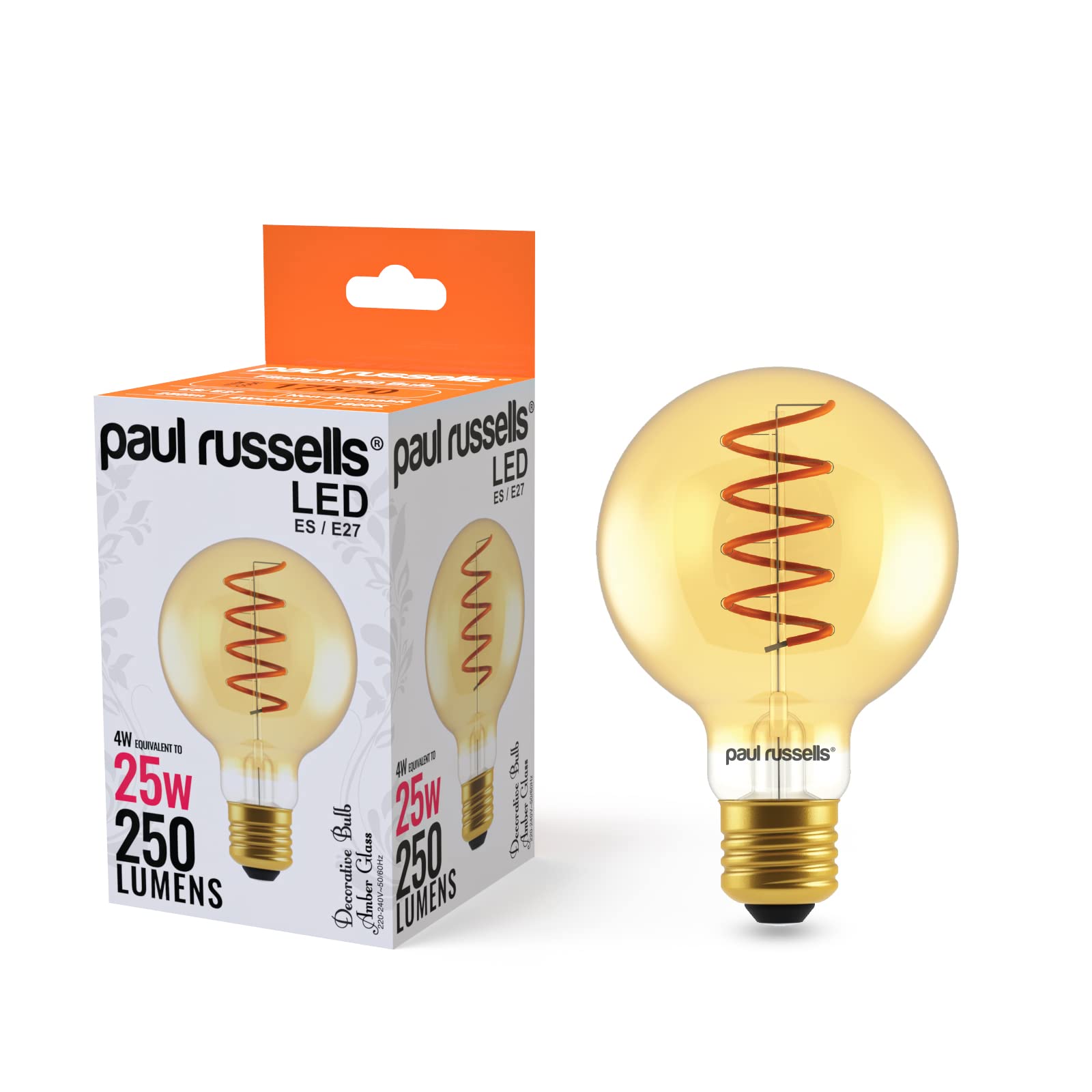 paul russells LED Spiral Filament Edison Screw Light E27 Globe G80, Vintage Industrial Bulbs - Pack of 1 – 25W Equivalent Replacement 4W 250LM Lumens 1800K ES Non-Dimmable Lamps - Retro Amber Glass — image 1