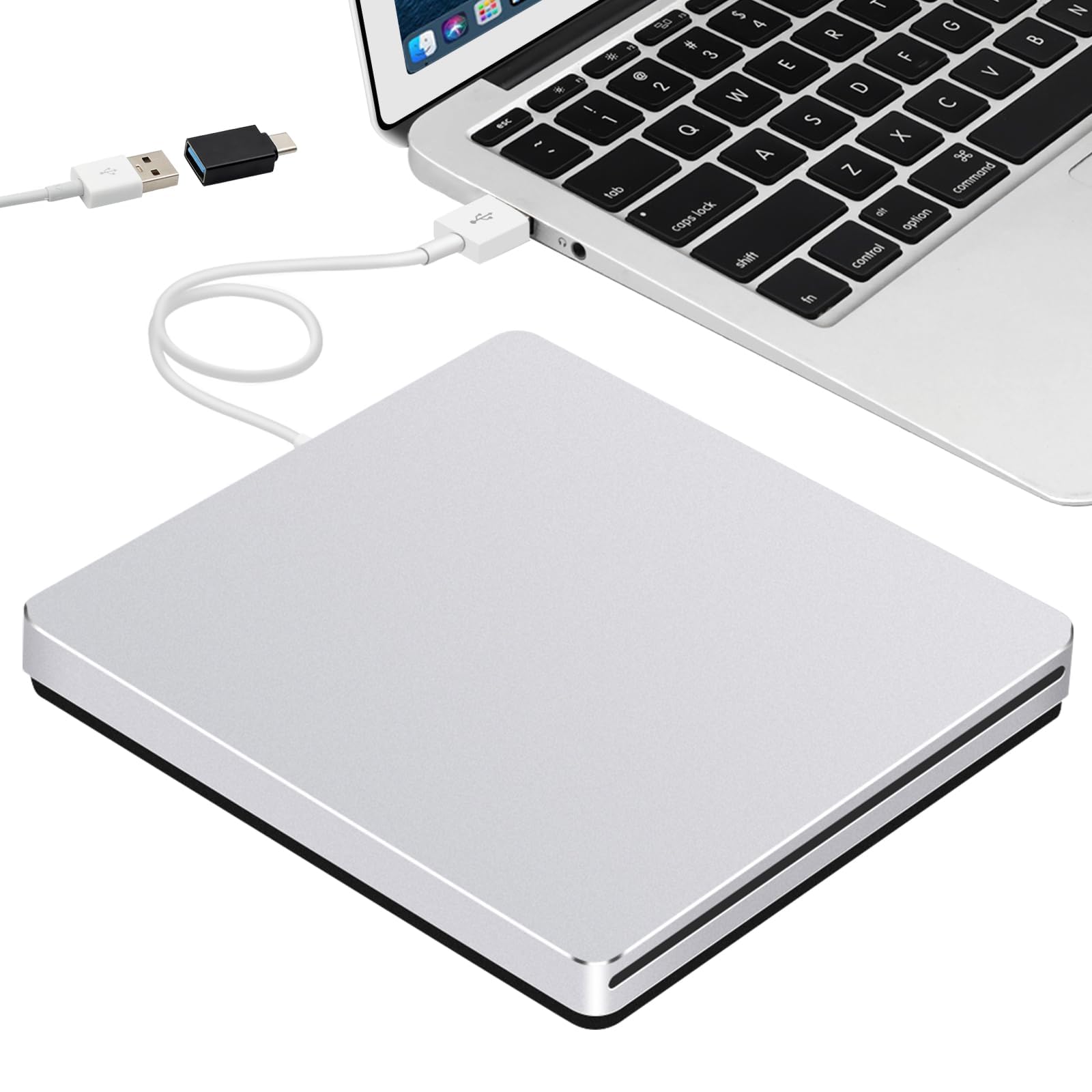 Guamar External CD Drive for Mac: USB 3.0 Superdrive for Apple MacBook - Slim & Portable Slot-in DVD Burner for Laptop PC Windows with USB-C Adapter - Plug & Play Aluminum (Silver)
