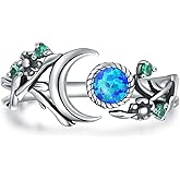 Salloog Vintage Opal Moon Ring for Women - 925 Sterling Silver Leaf Moon Rings Earth Ring Moss Agate Promise Ring Engagement Wedding Jewelry Wrap around Rings Adjusting