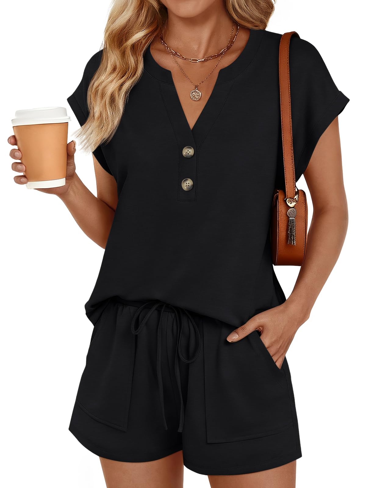 Photo 1 of ***DAMAGED - SEE NOTES/PICTURES*** LILLUSORY Womens Henley 2 Piece Short Sets Summer 2026 Lounge Spring Beach Airport Travel Vacation Outfits Matching Sweatsuit Black S