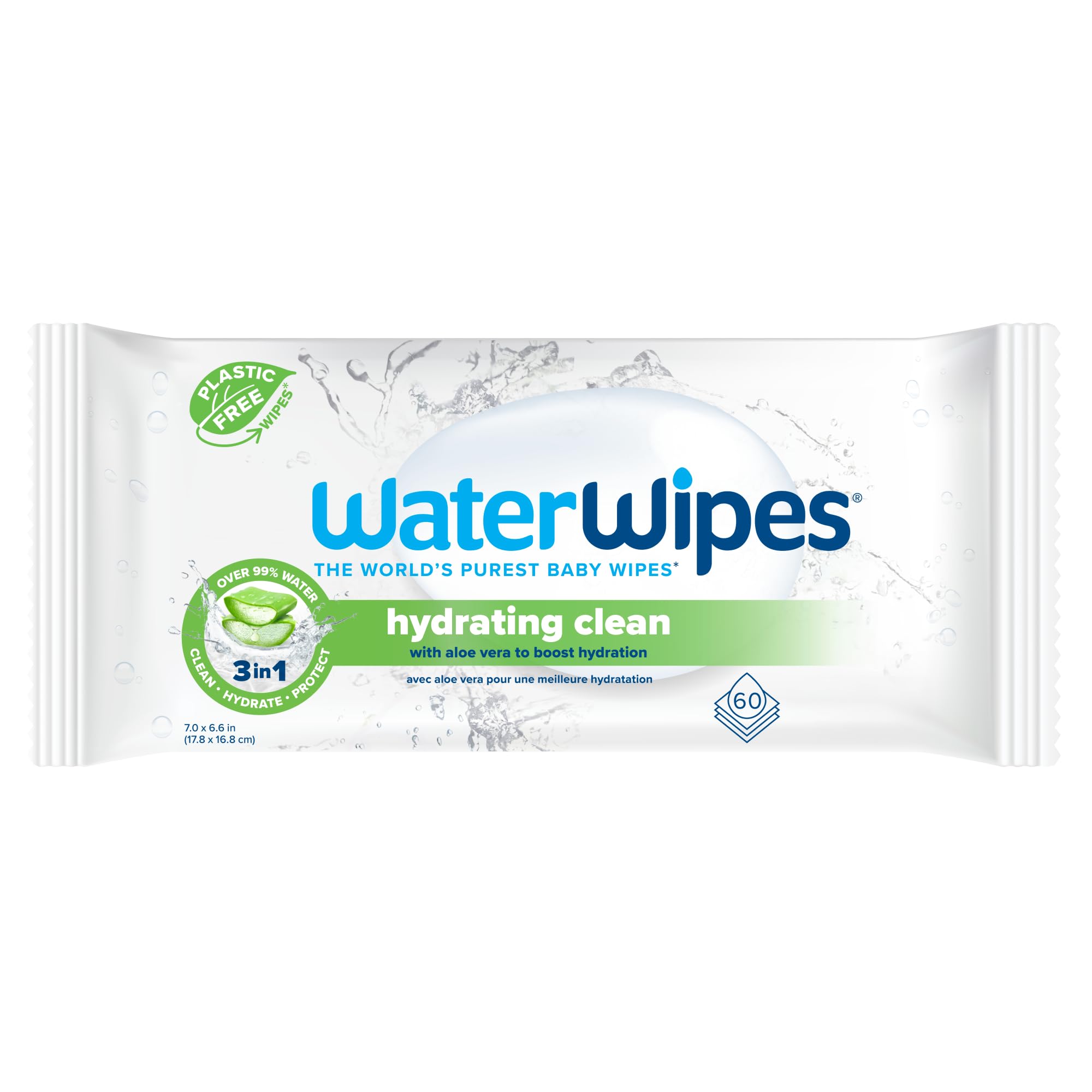 WaterWipes Sensitive+ Hydrating Boost Wipes, 3-In-1 Cleans, Cares, Hydrates, 99% Water with Aloe Vera, Unscented & Hypoallergenic Baby Wipes, 60 Count (1 Pack)