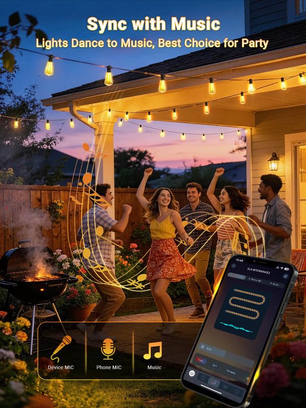 DREAMLAND 100FT Smart LED Outdoor String Lights, Remote Control Waterproof Patio Lights with Shatterproof ST38 Bulbs, Dimmable Outside Hanging Light for, Backyard, Garden, Porch, Bristo