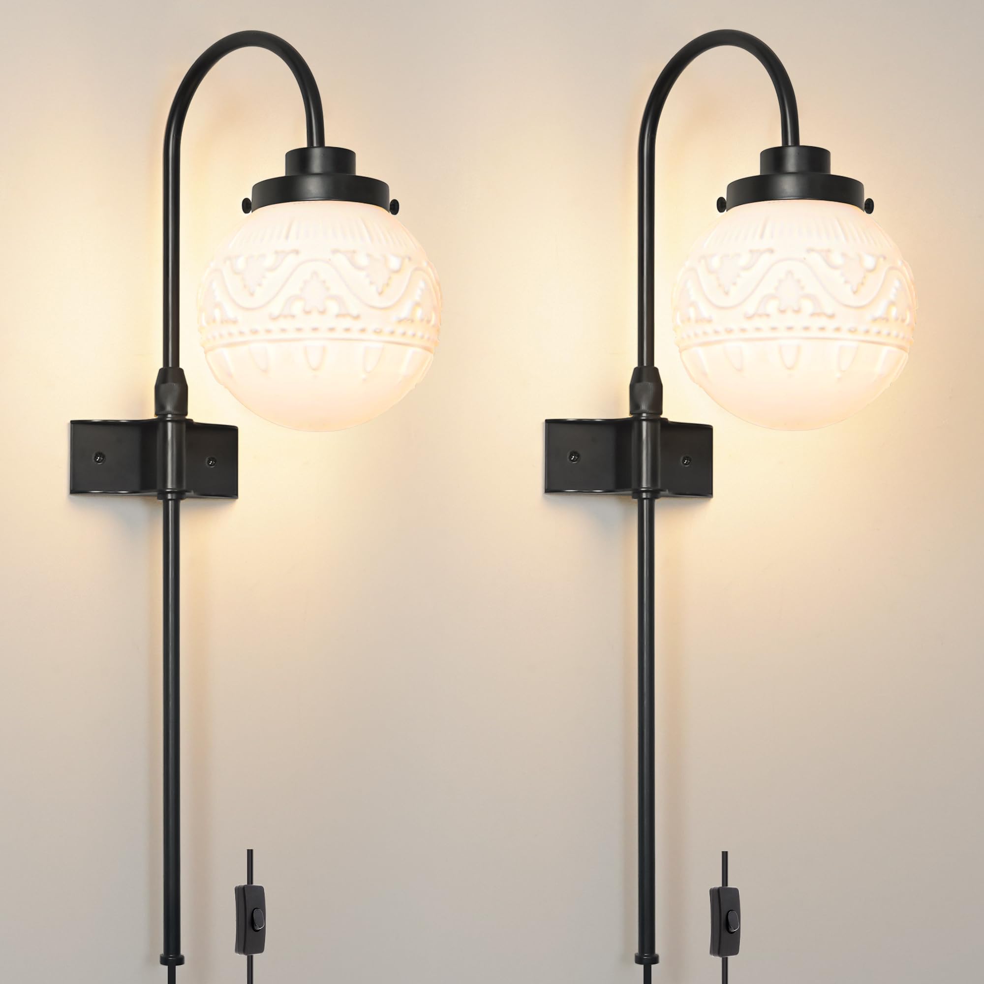 Photo 1 of Black Plug in Wall Sconces Set of 2, Plug in Wall Lights with White Glass, Corded Wall Sconce Light, Bedside Wall Lamp Plug in Set of Two, Adjustable Wall Mounted Lights for Bedroom, Living Room