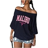 RoseSeek Women's Off Shoulder Tops Letter Graphic Tees Half Sleeve Baggy Summer T-Shirts