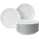 Amazon Basics 12-Piece Porcelain, 9 Inch Narrow Rim Dinner Plate Set, Microwave and Oven Safe, Heavy-Duty, White