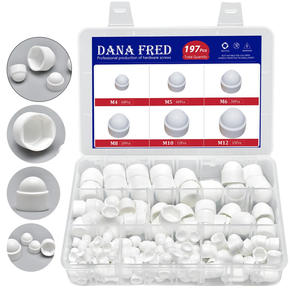 Photo 1 of 197 Pieces White PE Bolt Covers Screw Caps White Bolt Nut Protective Cap Bolts Cover Screws Caps Hex Cap Plastic Nut Assortment Kits Nylon Insert Locknut for Screws Bolts M4 M5 M6 M8 M10 M12