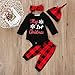 Newborn Baby Boys Girls My First Christmas Bodysuit and Plaid Pants Leggings Headband Hat 4pcs Christmas Outfits Set (Black 1, 70 (0-6 Months))