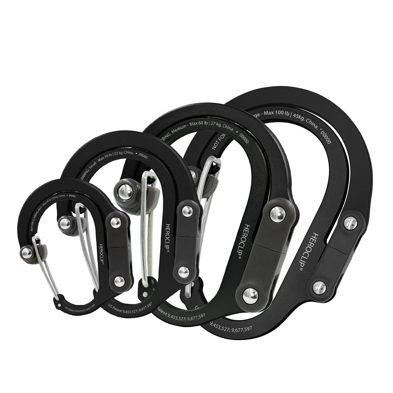 Photo 1 of GEAR AID HEROCLIP Carabiner Gear Clip and Hook (Large, Medium, Small, Mini) for Camping, Backpack, Suitcases, Purse and Garage Organization, Stealth Black, Variety Size 4 Pack