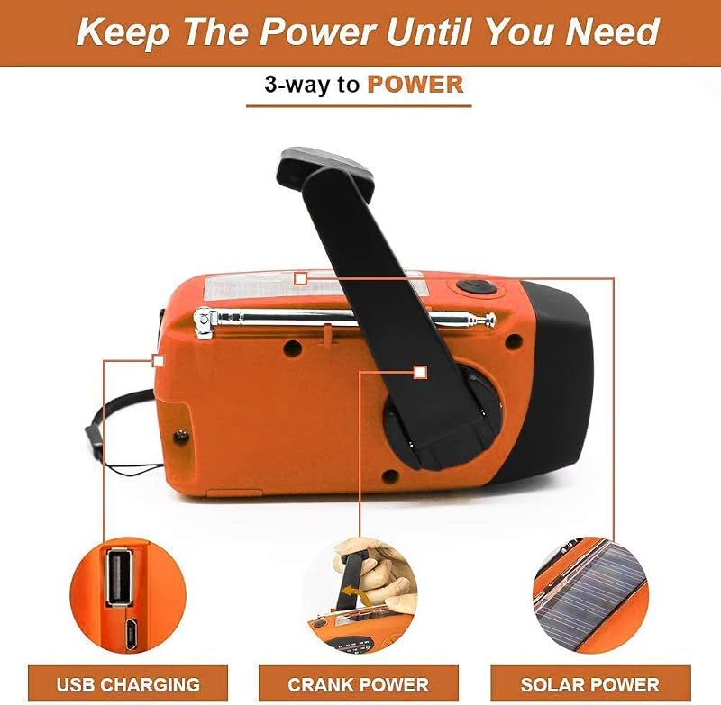 Solar Radio, Tragbar Kurbelradio Dynamo Radio mit AM/FM, Notfall Radio mit Kurbel, 2000mAh Wiederaufladbare Powerbank,LED Taschenlampe,USB-Handy-Lader für Camping Ourdoor orangefarben