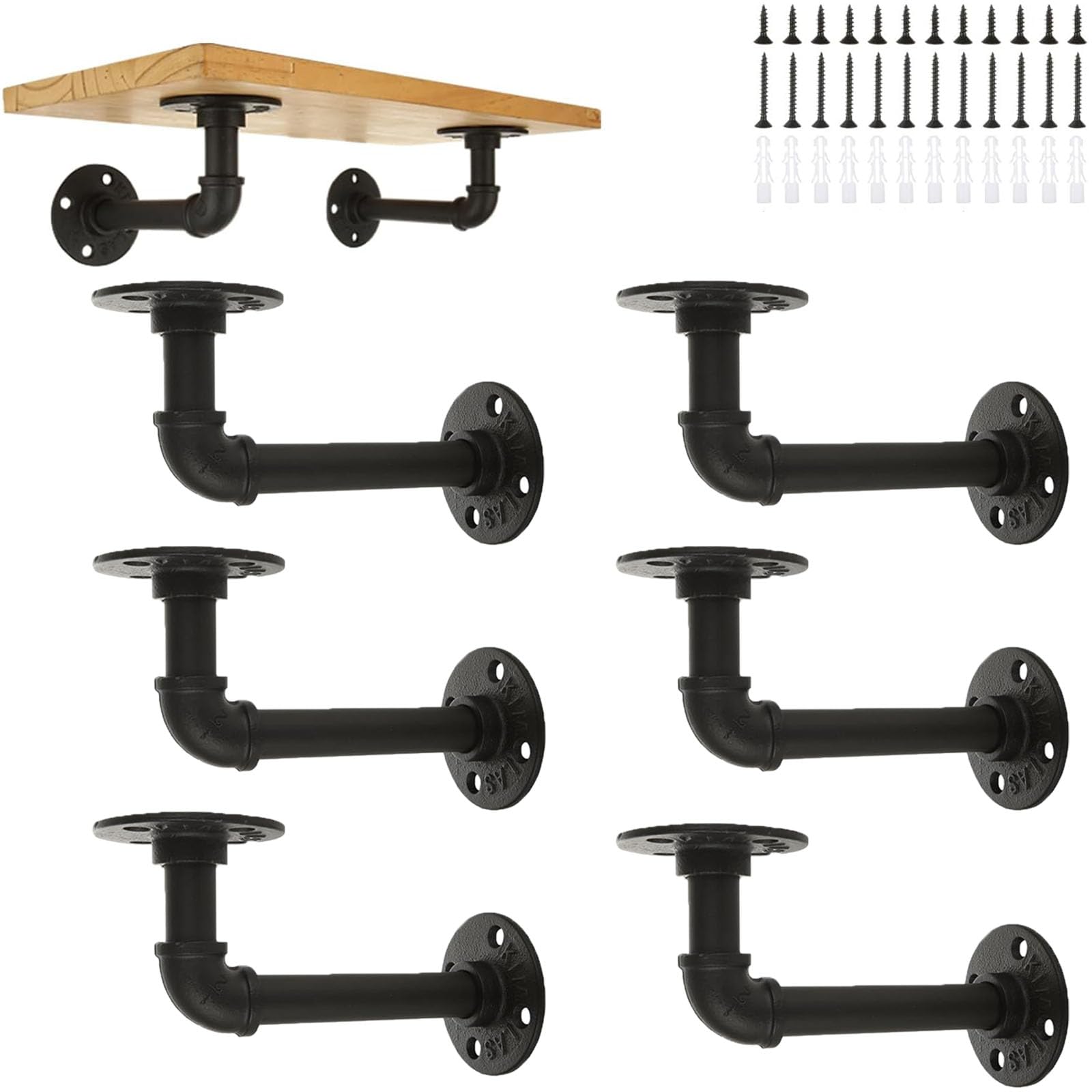 GBACHOOSE 6Pcs Industrial Pipe Shelf Brackets, Black Pipe Brackets Floating Shelf for Book Shelf Floating Shelves, Custom Wood Shelves Wall Mounted, Metal Rustic Pipe Decor with Hardware Included