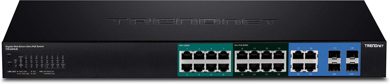 TRENDnet 20-Port Gigabit Web Smart Ultra PoE Switch with 8 x Gigabit UPoE Ports, 8 x Gigabit PoE+ Ports 4 Shared Gigabit Ports (RJ-45 or SFP), VLAN, QoS, IPv6 Support, 370W PoE Power Budget, TPE-204US - Image 3