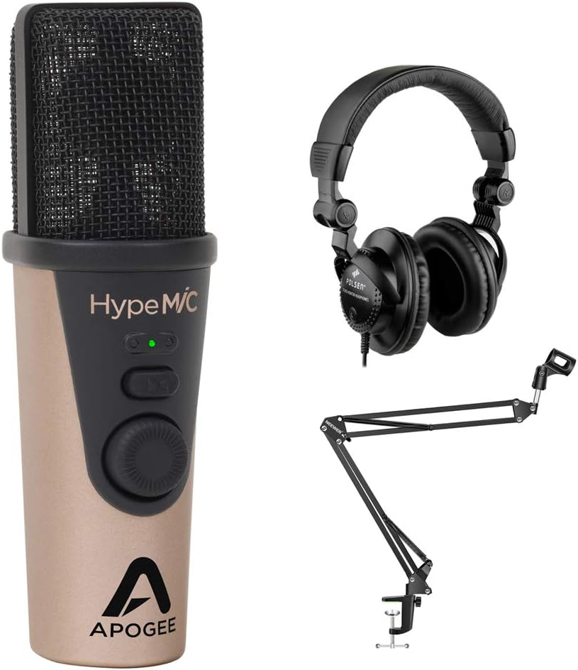Apogee Electronics HypeMiC USB Cardioid Condenser Microphone with Polsen HPC-A30 Studio Headphones & Mic Boom Scissor Arm Stand Bundle