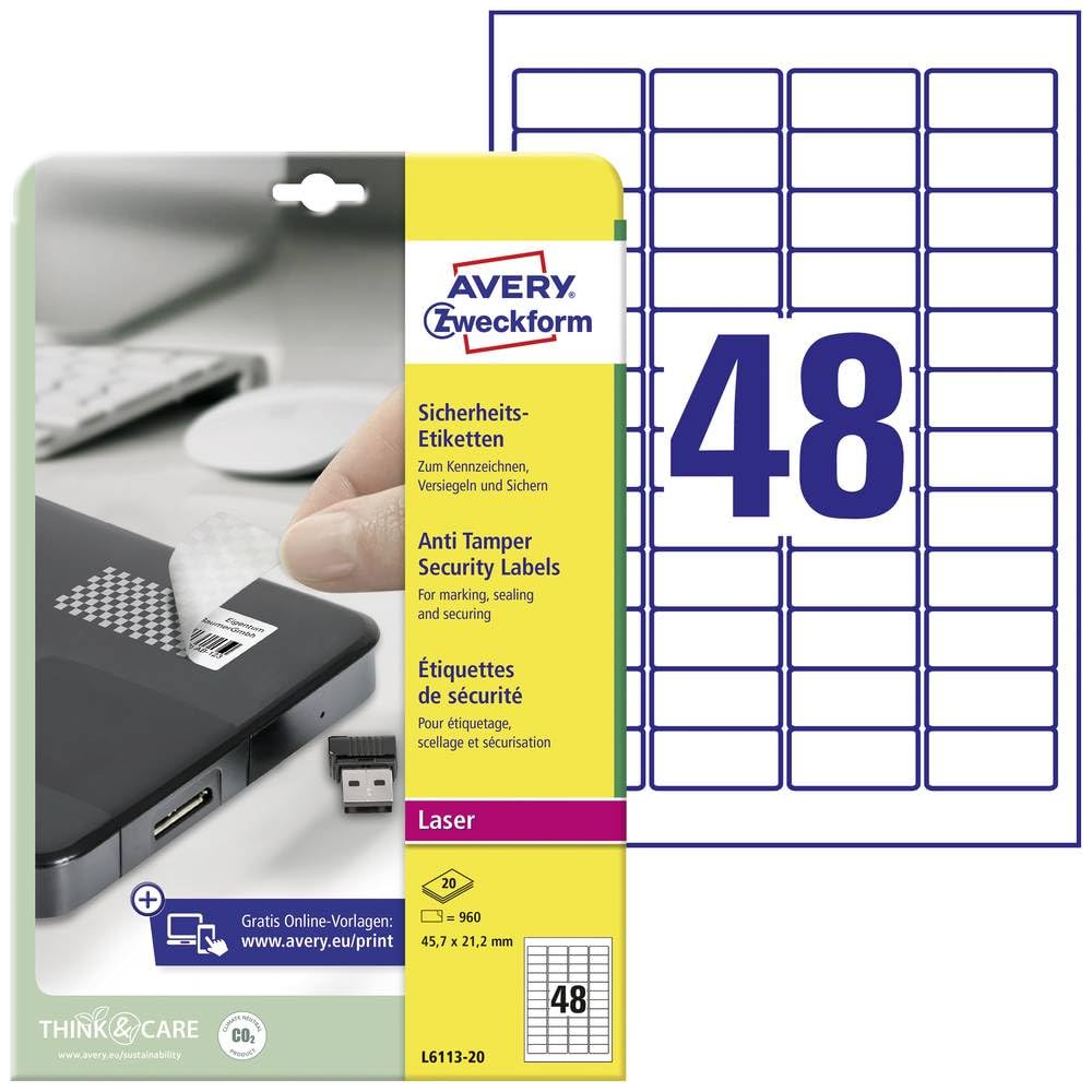 AveryL6113-20 Anti-Tamper Security Labels 20 Sheets / 960 Labels / 45.7 x 21.2 mm White