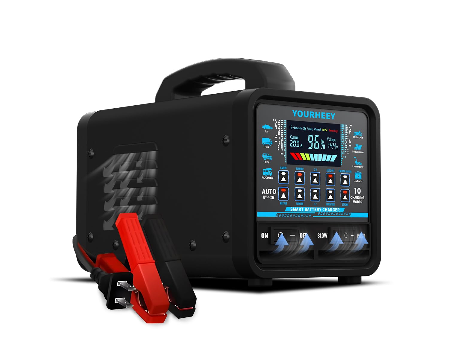 Photo 1 of 12V 24V 0-20A Car Battery Charger Heavy Duty, Smart Trickle Charger Maintainer with Auto Shutoff, Repair & Winter Mode, 10 Modes & Color Screen for Car, Truck, Motorcycle, RV, Boat, Lawn Mower