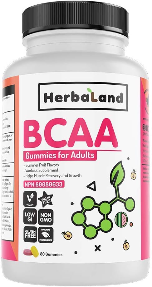 Vegan BCAA Supplement by Herbaland - Plant-Based Sugar-Free Vitamin Gummies for Workout and Muscle Recovery with L-Leucine 1320mg L-Valine 660mg L-Isoleucine 660mg Summer Fruit Flavor 80 Gummies