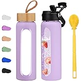 Olivego 24 oz Glass Water Bottle with 2 Lids-Handle Straw Lid & Bamboo Lid,1 Liter Motivataional Tumbler Water Bottle Time Marker, Borosilicate Glass Water Bottles With Silicone Sleeve, Leakproof