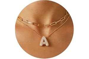 Ascona A-Z Bubble Letter Necklace Gold, Layered Balloon Initial Necklaces Rhinestone Letter Pendant Chain Layering Necklaces for Women Jewelry Gift