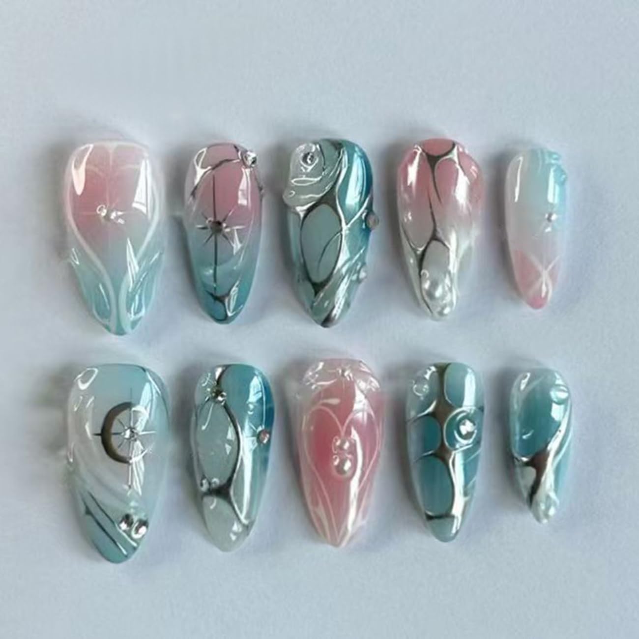Photo 1 of 24 Pcs Ombre Blue Press on Nails Short Almond,MINGCHUN Fall Fake Nails Press ons Acrylic Nail Art Tips Kit Full Cover False Nails Glue on Nails with Starburst 3D Texture Design for Women Nail Supplies