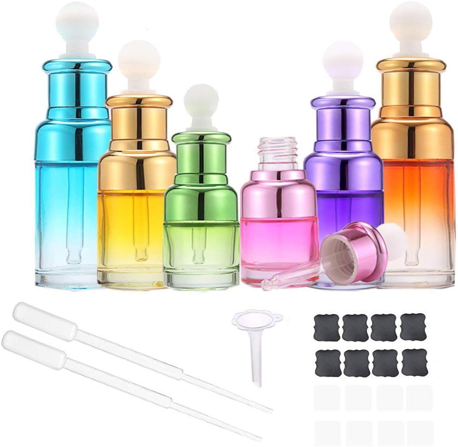 Empty Glass Bottles for Essential Oils Small Lightweight Colorful Bottles Different Sizes Dropping Bottles 6 Pack 1 Plastic Funnel 2 Plastic Droppers 16 Lables: Home Improvement