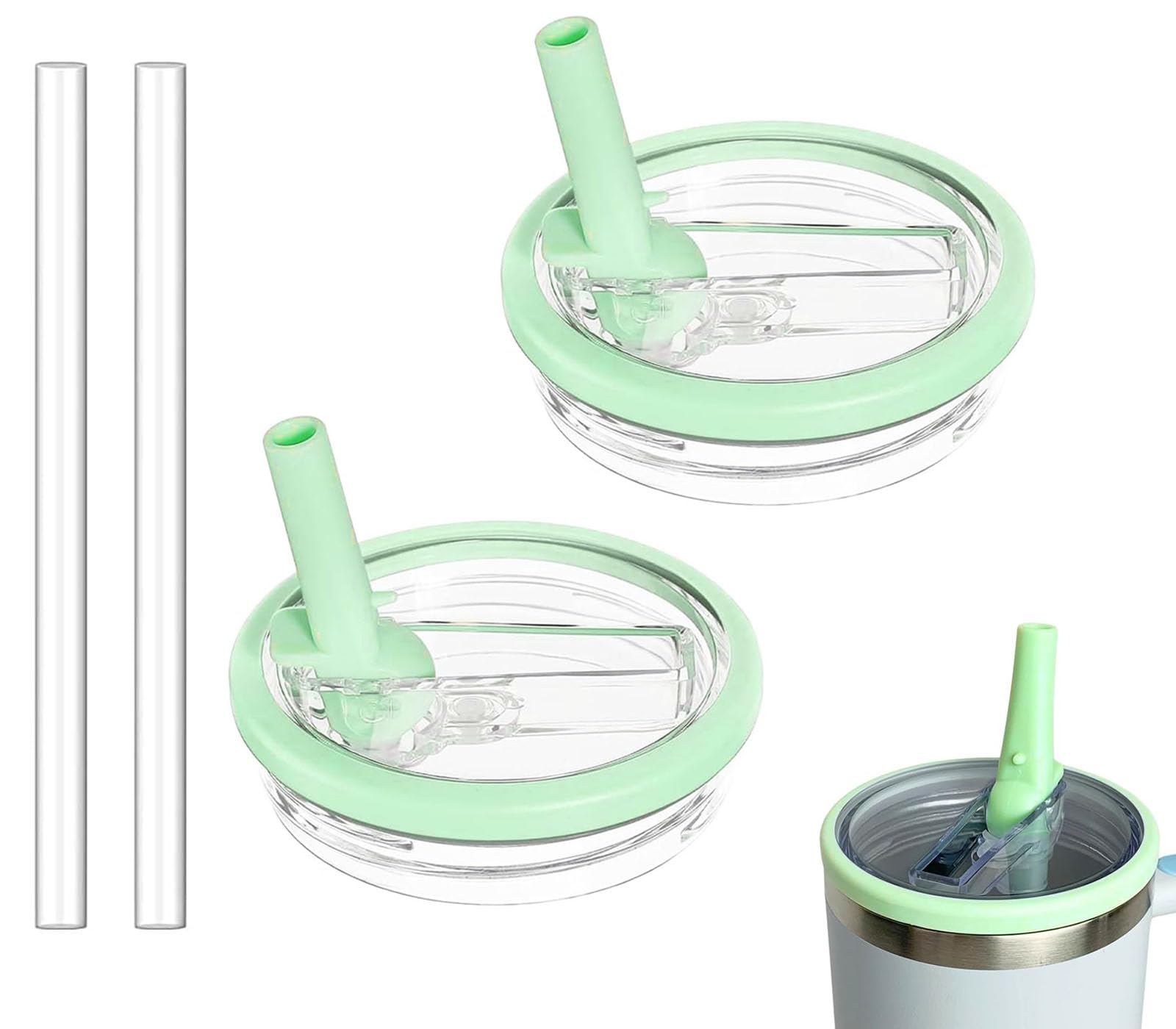 Photo 1 of 2 Pack 30 oz Tumbler Flip Straw Lid Replacement Compatible for Stanley Quencher, Leak Proof Lid Replacement for 30 OZ Stanley H2.0 FlowState Tumbler,Spill Proof Splash Reusable (Light Green)