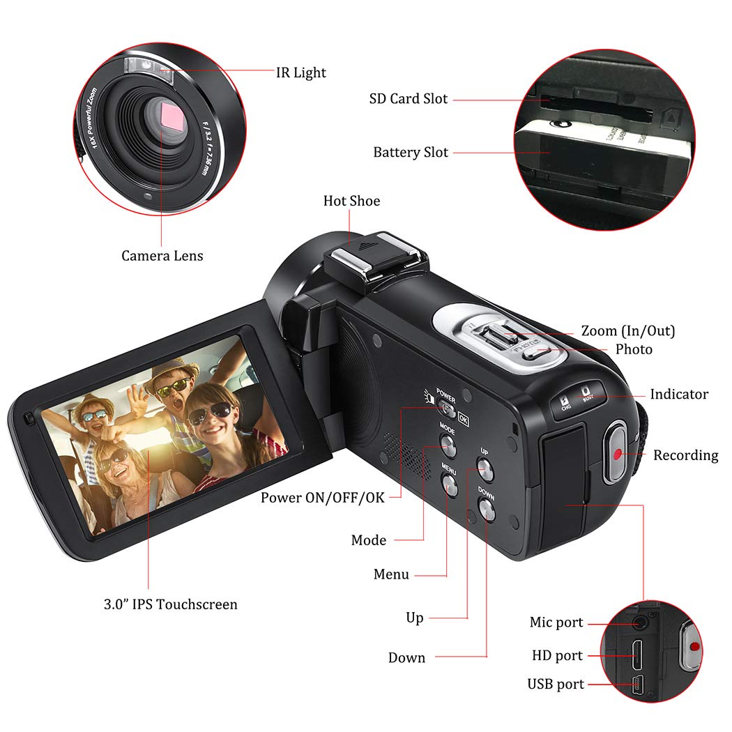 Videocámara 3.0 Pulgadas IPS Pantalla Táctil CofunKool Cámara de Video Full HD 1080P Vlogging Cámara Digital para Youtube 24.0 MP Giratoria 270º Zoom Digital 16x con IR Visión Nocturna Control Remoto