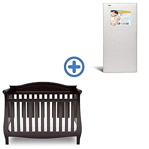 Delta Children Lancaster 4-in-1 Convertible Baby Crib & Twinkle Stars Waterproof Fiber Core Crib and Toddler Mattress, Dark Chocolate