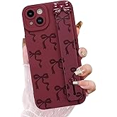 OOK Case for iPhone 14 Plus Case with Screen Protector, Cute Bow Design with Adjustable Wristband Strap Kickstand Slim Soft TPU Rubber for Women Girls Phone Cover-Wine Red