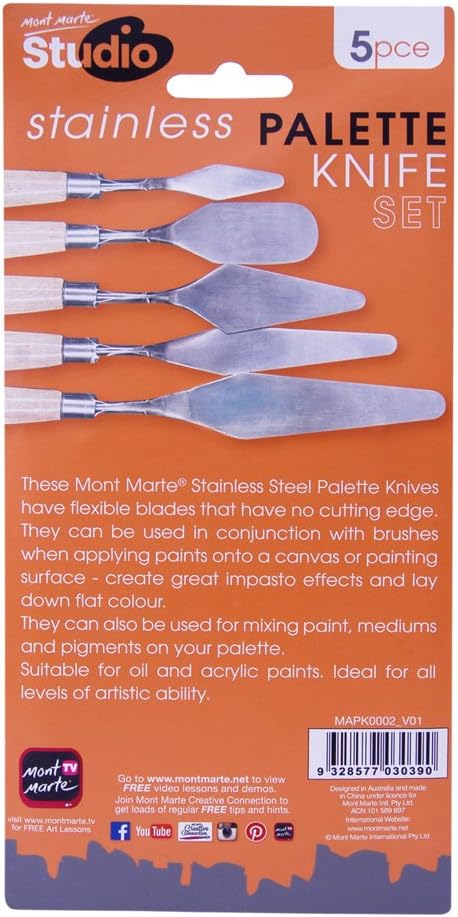 Mont Marte Studio Palette Knife Set, 5 Piece. Selection of Different Sizes and Styles of Stainless Steel Palette Knives.