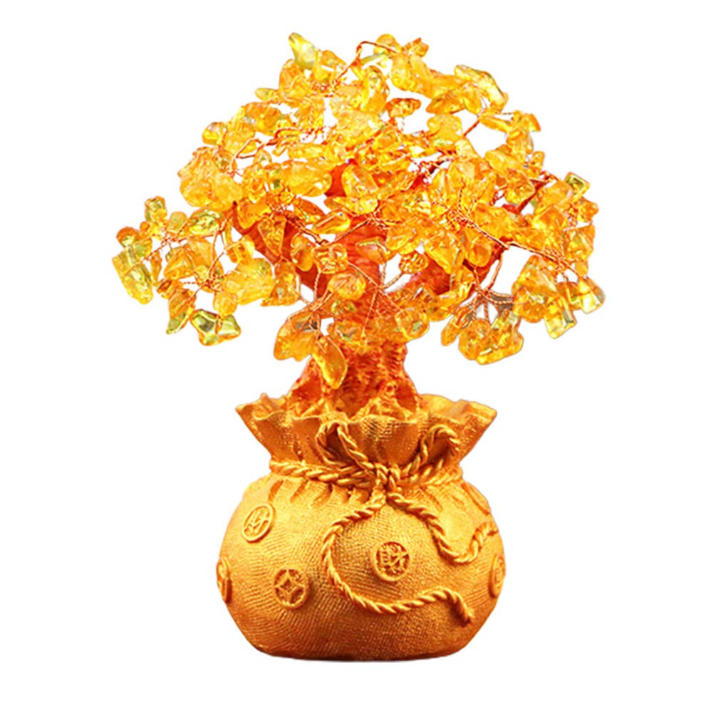 VOSAREA Feng Shui Bonsai Money Tree Crystal Wealth and Luck Tree Table Decorations for Home Office 19cm (Yellow)