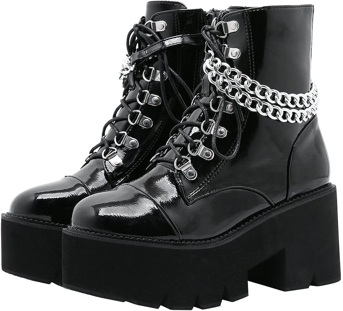 Amazon.com | LUXMAX Womens Chain Goth Platform Patent Boots Lace Up Chunky Gothic Combat Ankle 
