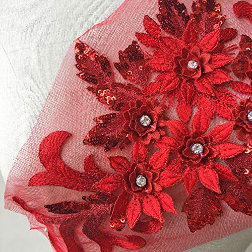Exquisite 3D Flower Applique Beaded Sequined Crystal Floral Lace Patch Appliques Red Motif for Lyrical Dance Dress Craft Projects - Thumbnail 4