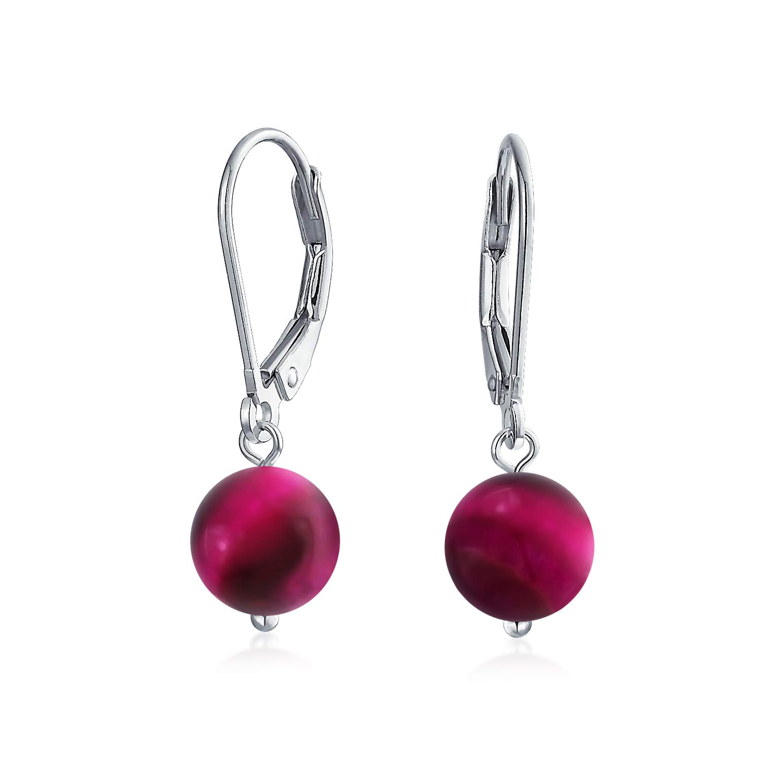 Simple Basic Plain Round Dyed Fuchsia Tiger-Eye Bead Drop Ball Dangle Lever back Earrings For Women .925 Sterling Silver