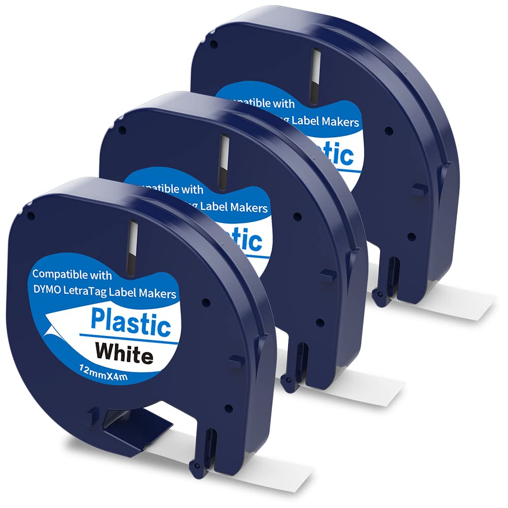 3 X 91201 Plastic Label Tape Compatible with Dymo Letratag Tape for Dymo Letra Tag LT-100H 100T QX50 Label Maker, 12mm x 4m Black on White