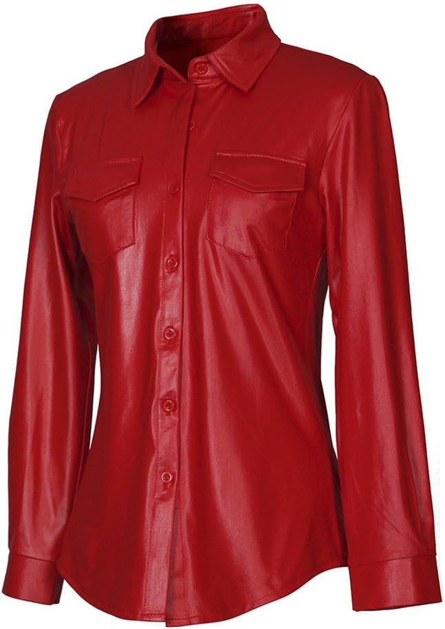 SorricaWomens Sexy Shiny Metallic PU Faux Leather Nightclub Styles Long Sleeves Button Down Shirts Top