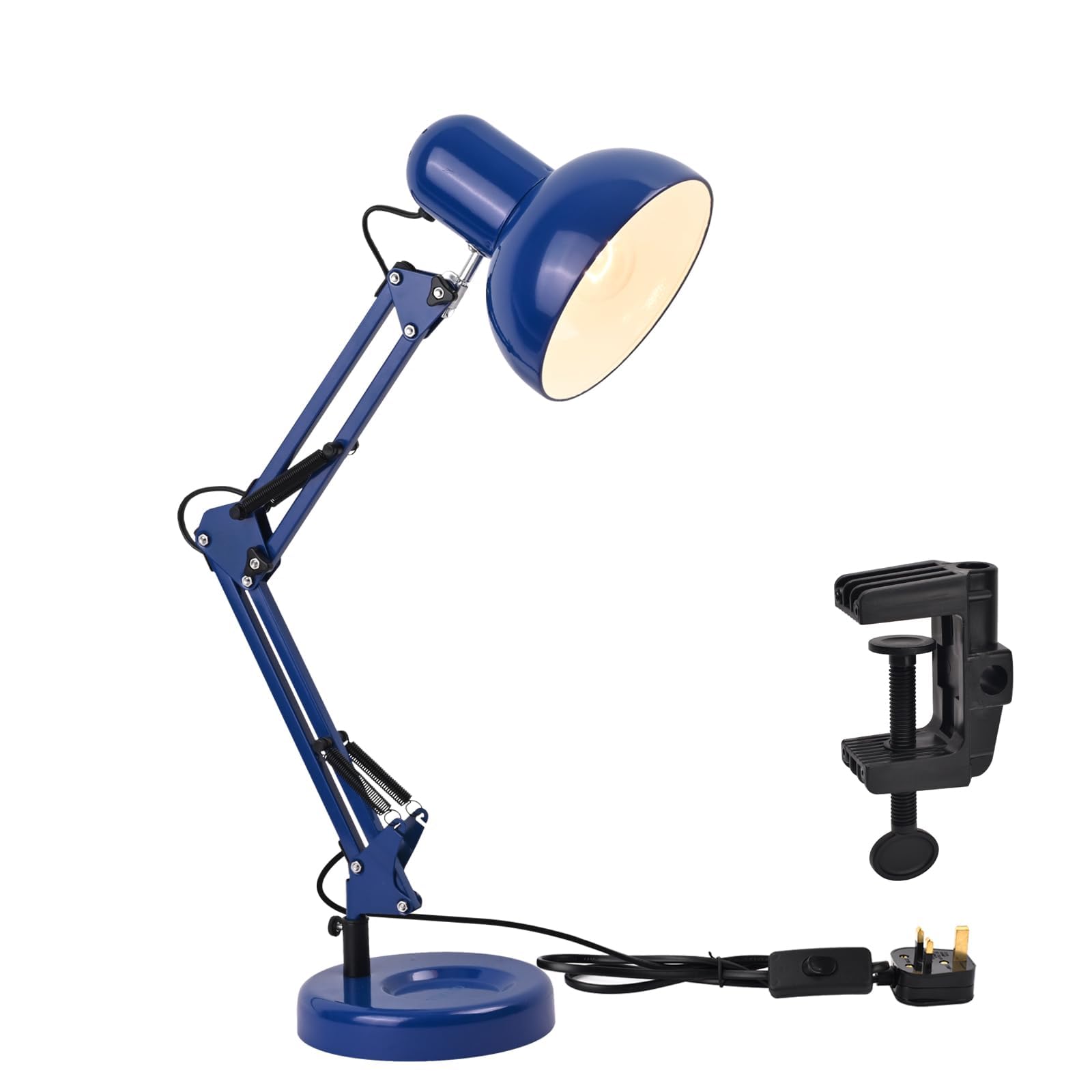 TEKLED® LED Desk Lamp | Adjustable Swing Arm | Replaceable E27 Edison Screw Bulb Holder | Flexible Table Clamp | for Bedside Reading Office Work Architects Students (Swing Arm Dark Blue)
