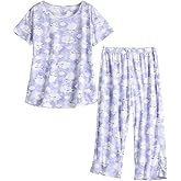 Inadays Womens Cotton Pajama Sets Short Sleeve Top With Capri Pants 2 piece sets for Women Summer Pajamas Lounge Set