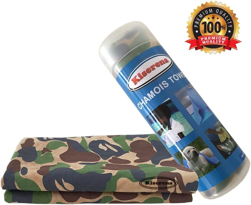 Kiserena Chamois Cloth Drying Towel (Camo) Ideal for Car Detailing. Lint-Free 26"x17" Super Absorbent Shammy. Quality Cooling Towel for Sports, Gym Workouts or Hot Weather. 1 Towel Per Tube
