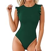 MANGOPOP Women's Body Suits Cute Crew Neck Ruffle Sleeveless Slim Fit Bodysuit Tank Tops Tight Casual Sexy