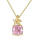 Fimewon Cubic Zirconia Necklace Dainty Pendant Necklace for Women 18K Gold Plated Pink Cushion Cut Necklaces Valentine's Day Gifts for Women